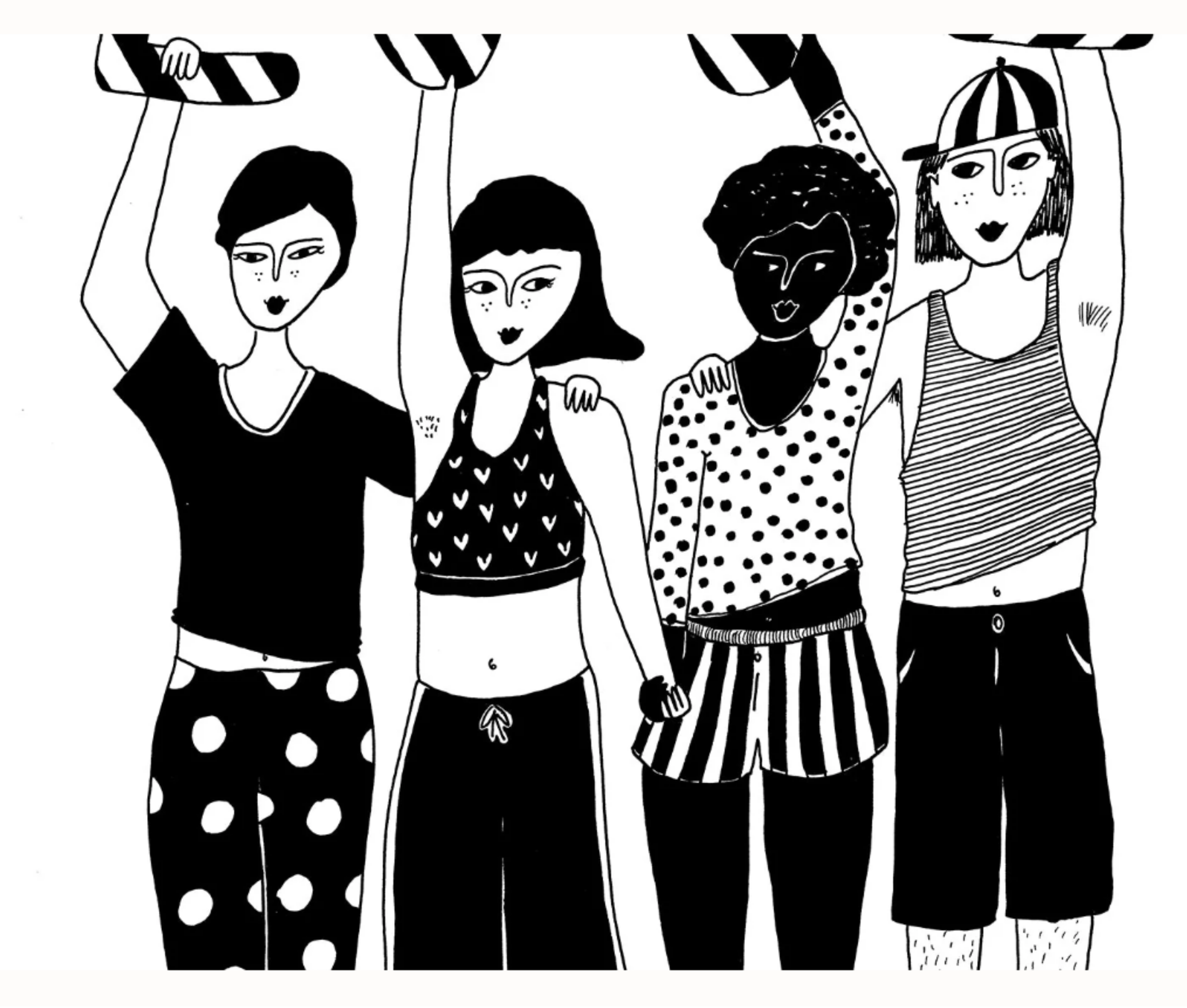 A black-and-white illustration of four women standing side by side, holding umbrellas above their heads. The women are dressed in casual summer outfits with varied hairstyles and patterns on their clothing.