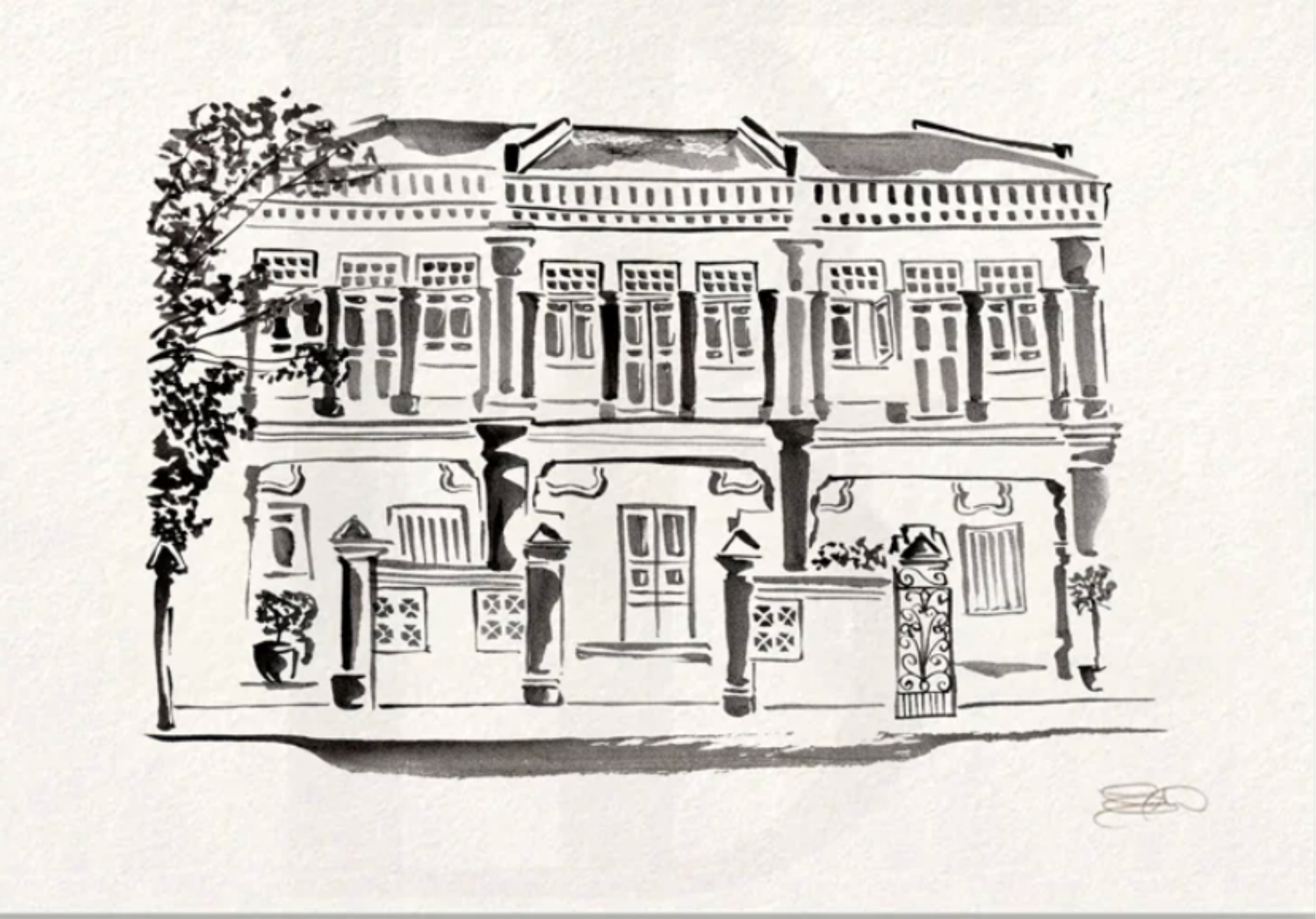 A black and white ink drawing of a multi-story house with large windows, a balcony with a railing, and decorative columns. Trees and streetlamps are visible in the foreground.