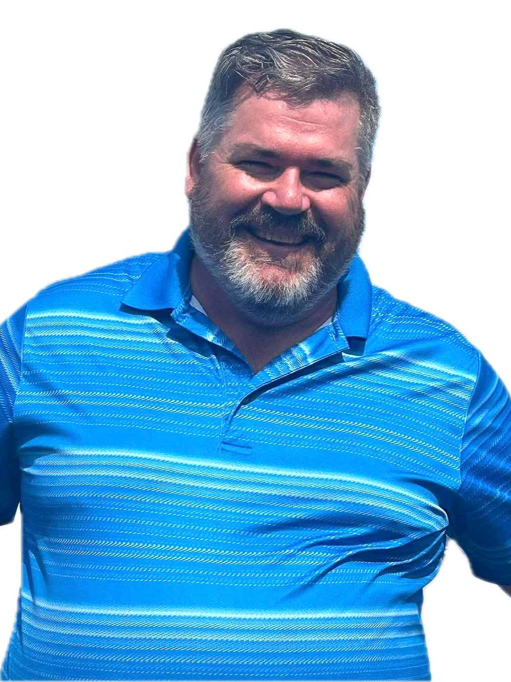 A smiling man with gray hair and beard wearing a blue striped polo shirt.