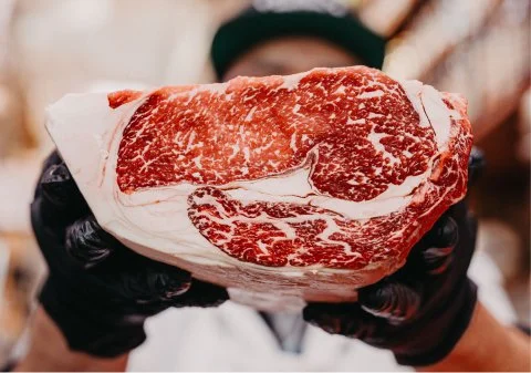 Person holding a large piece of raw marbled beef steak