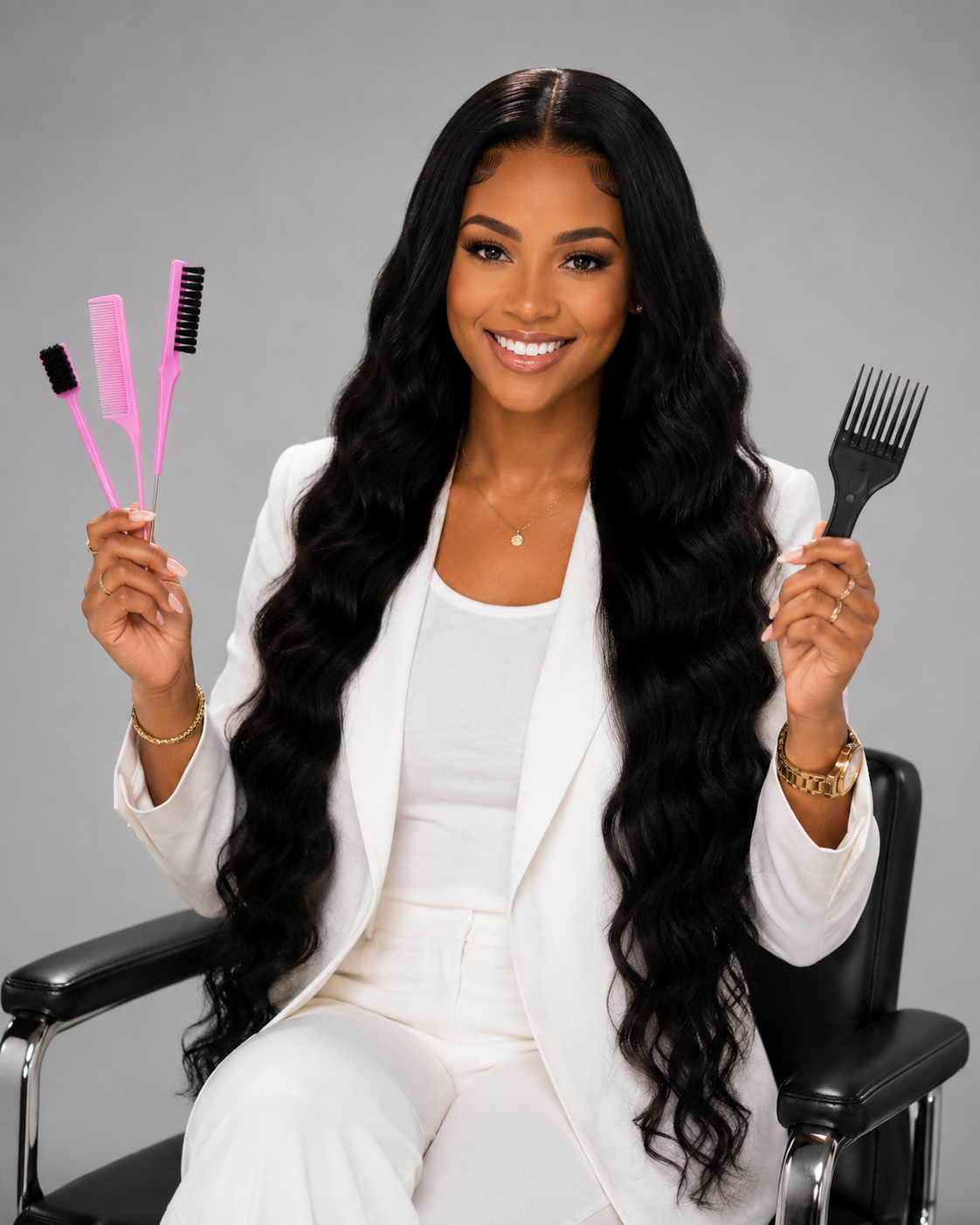 A woman with long wavy black hair, wearing a white blazer and pants, smiling while holding hairbrushes and a hair fork.