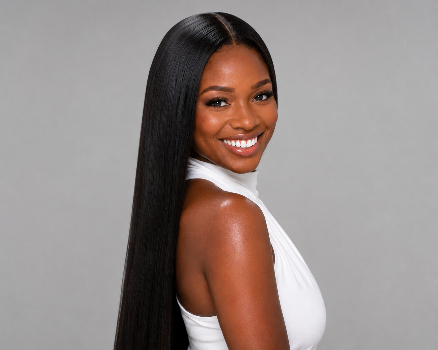 A woman with long, straight black hair smiling at the camera, wearing a white sleeveless top against a plain gray background.