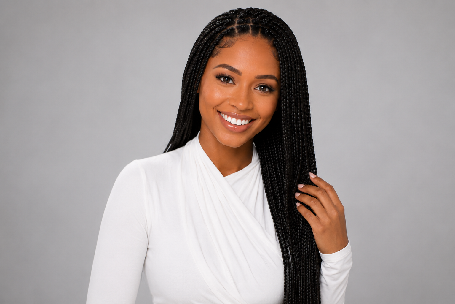 A smiling woman with long braided hair wearing a white top against a gray background.