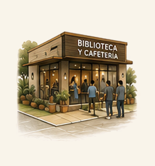 Illustration of a library and cafe named 'Biblioteca y Cafeteria' with people standing in line outside.