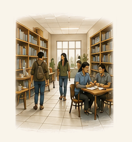 People in a library with bookshelves and tables, two women sitting and talking at a table, others browsing books.