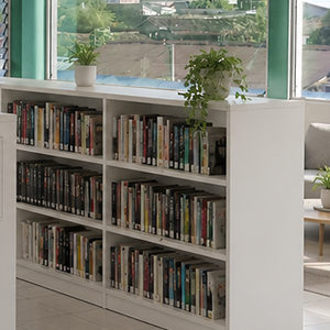 White bookshelf with three shelves filled with books in front of large windows with greenery outside.
