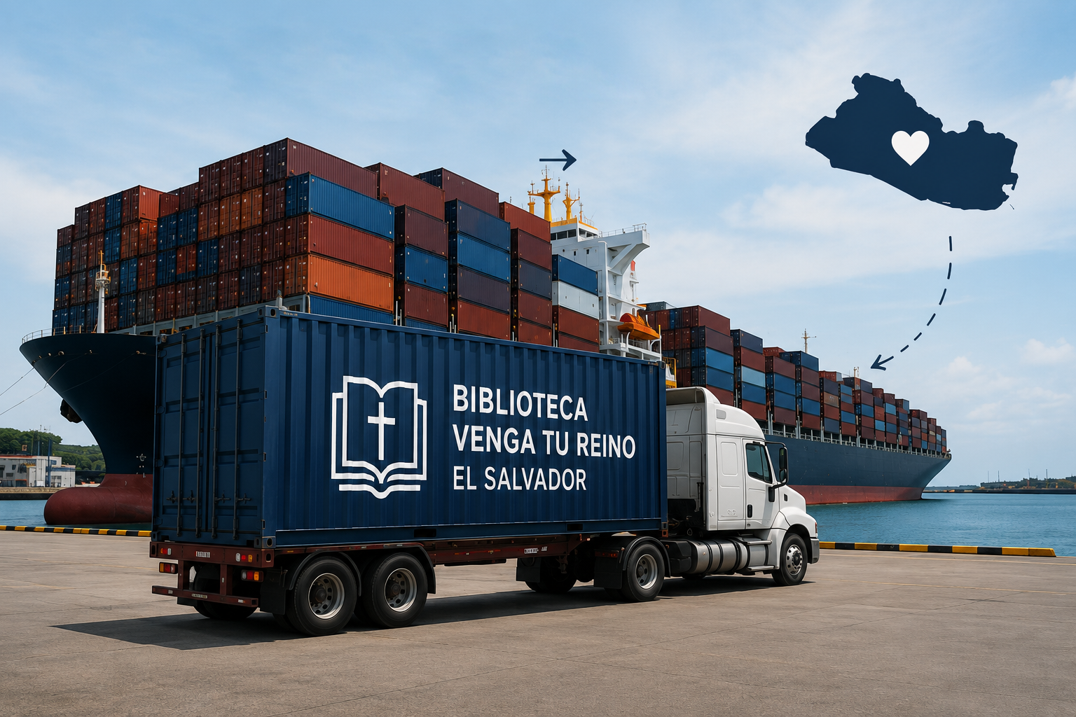 A large cargo ship docked at port with stacked containers. A truck with a blue container labeled 'Biblioteca Venga Tu Reino El Salvador' is parked nearby. An illustration of El Salvador's map with a heart and an arrow pointing to the ship suggests a connection between the library and the country.