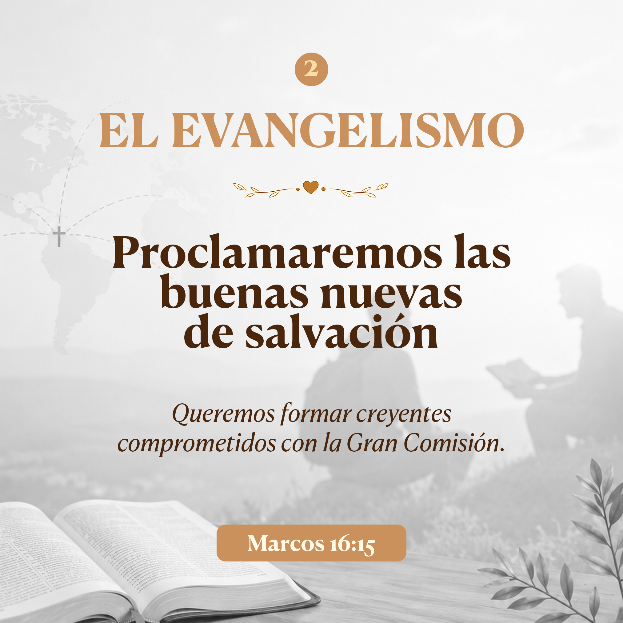A digital slide displaying a biblical verse from Mark 16:15 in Spanish, with a background of open books and a world map illustration.