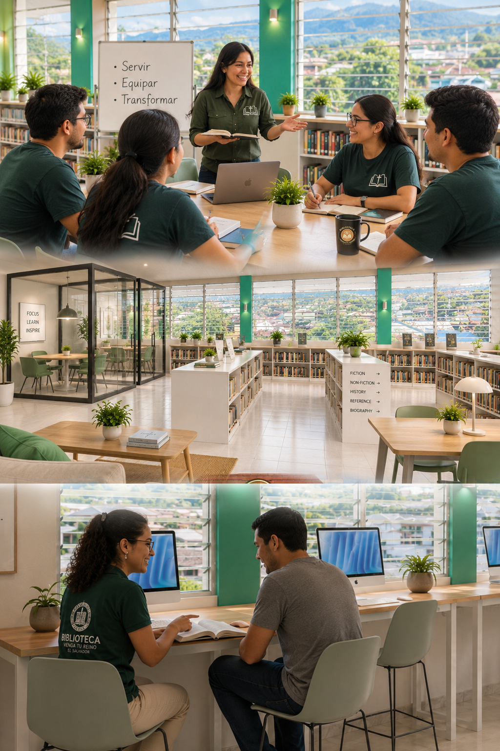 People studying in a library with bookshelves, computers, and large windows with a city view.
