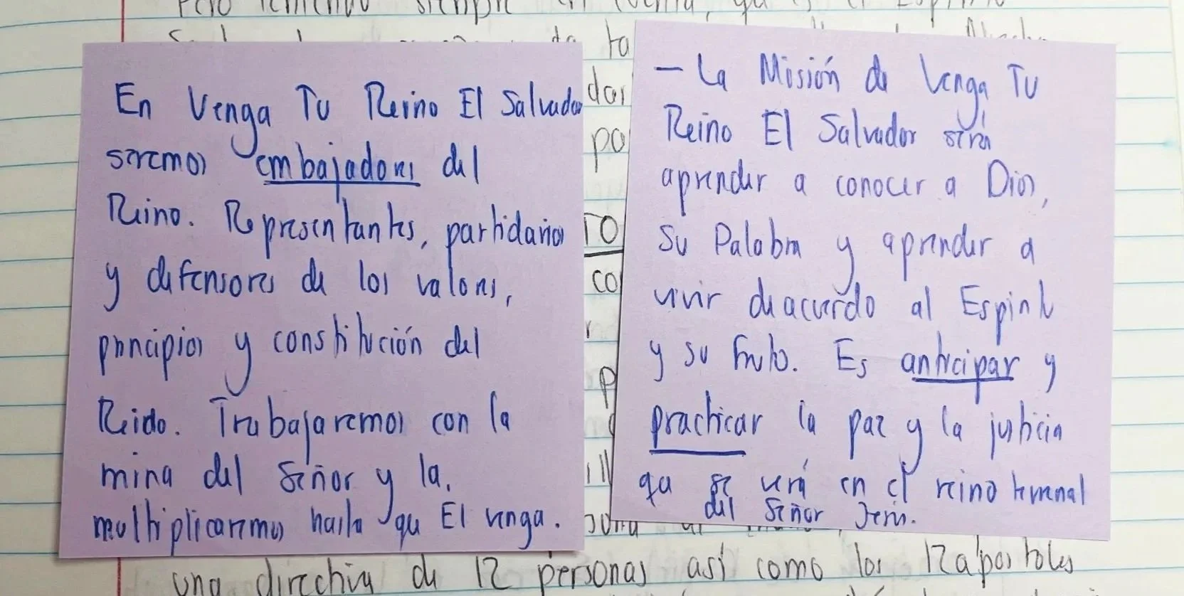Two handwritten notes on purple paper with blue ink, placed on lined notebook paper. The notes contain Spanish text about the mission of evangelizing and knowing God.