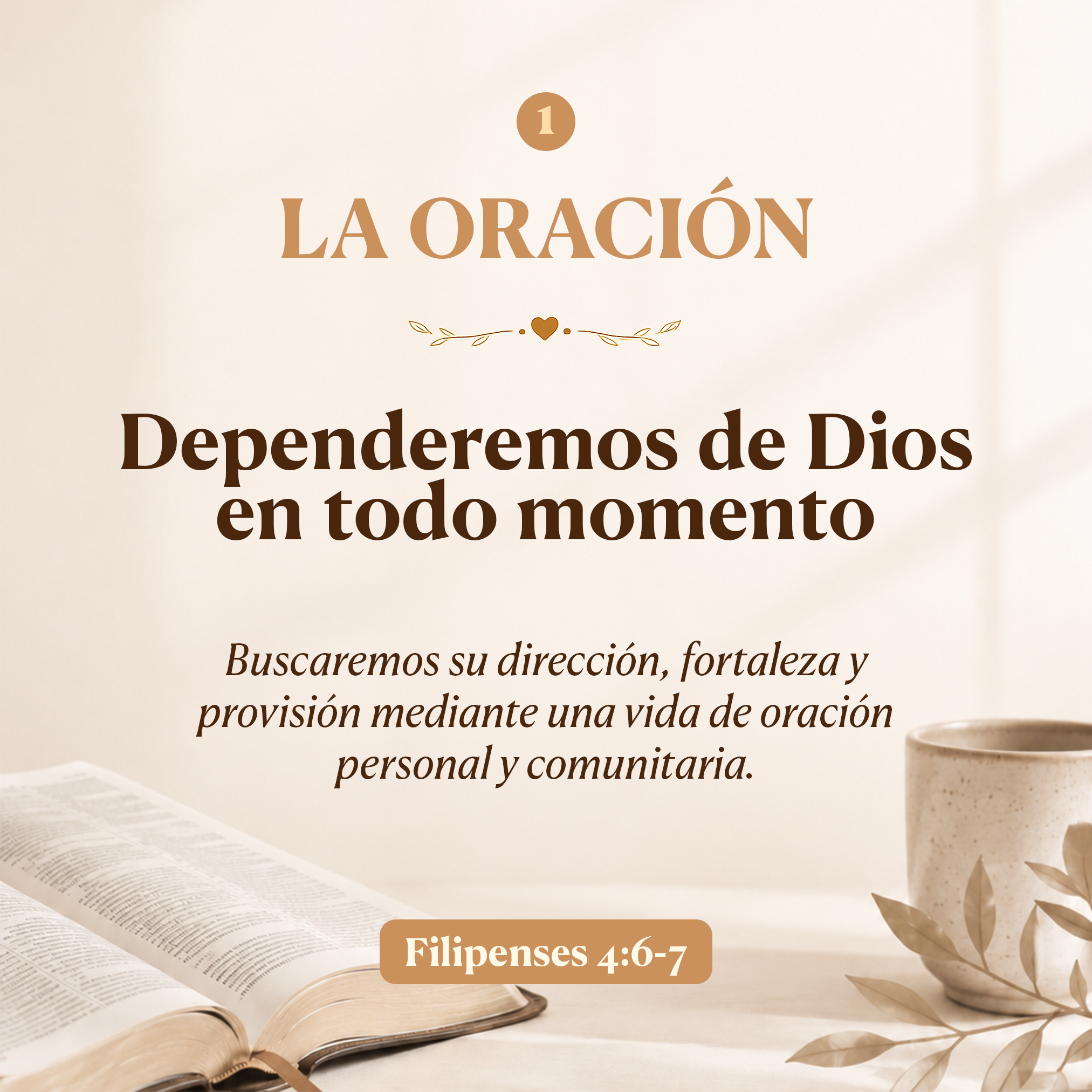 Open Bible on a table with decorative leaves and a quote from Philippians 4:6-7 in Spanish about prayer and trusting in God.