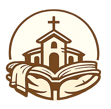 A church with a cross on top, surrounded by an open book and two hands holding the book.