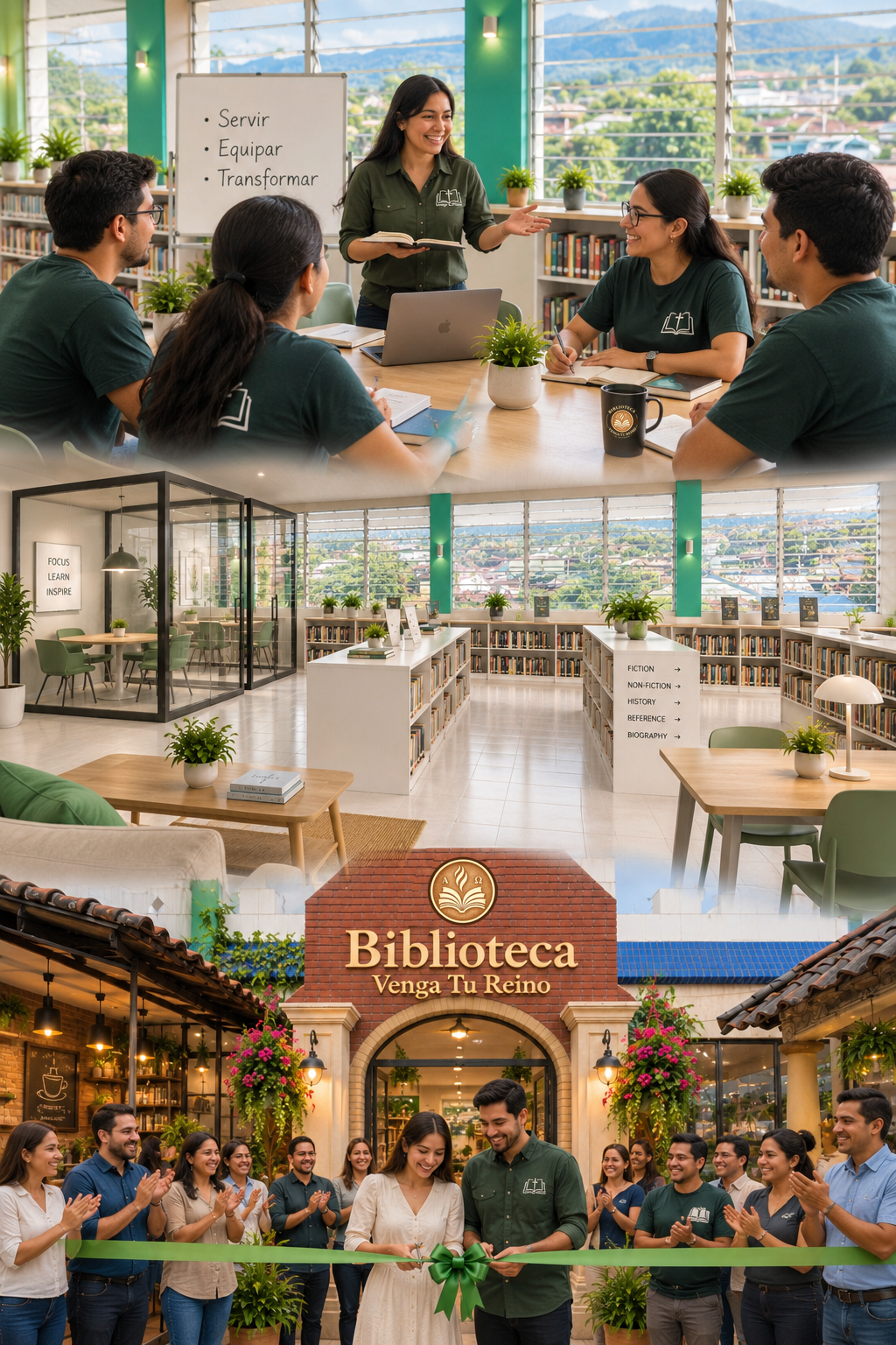 The first image shows a group of five diverse people in a library, engaged in a discussion or group activity, with a woman standing and smiling at the group. The second image depicts a modern library interior with bookshelves, reading areas, and large windows with a view of a city or town. The third image features a ribbon-cutting ceremony outside a library, with a woman and a man smiling and cutting a ribbon while others applaud.