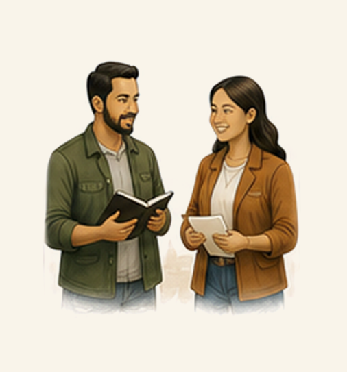 A man and woman having a conversation, both holding notebooks, smiling, and facing each other.