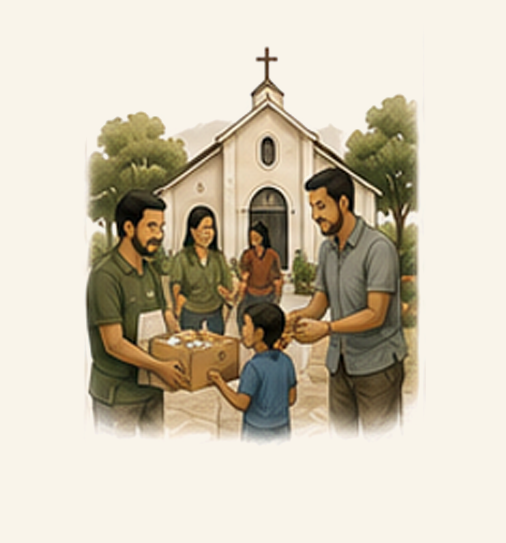A group of people are outside a church, handing a box to a boy.
