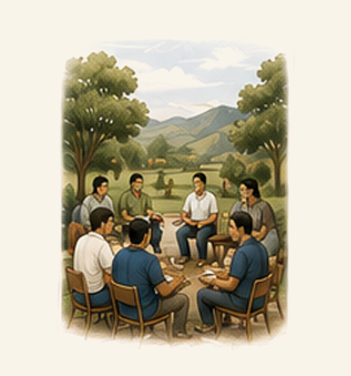 Group of eight people sitting around a table outdoors, enjoying conversation and drinks, with trees and mountains in the background.