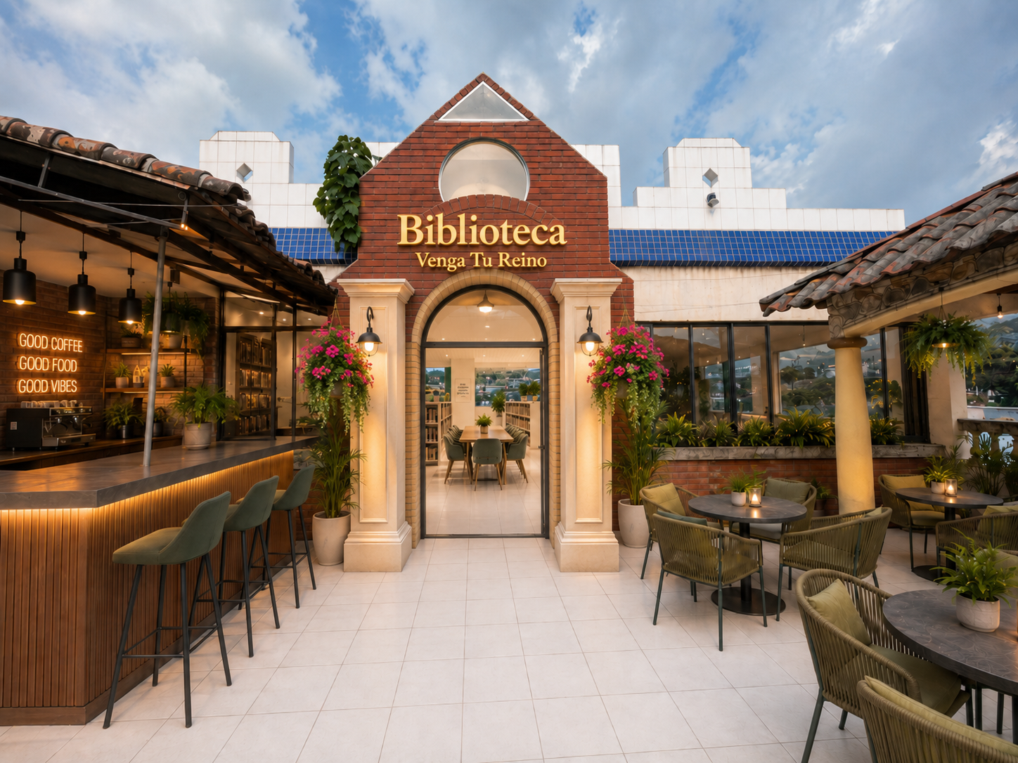Exterior of a library-themed café with outdoor seating, potted plants, and a sign that says 'Biblioteca Venga Tu Reino'.