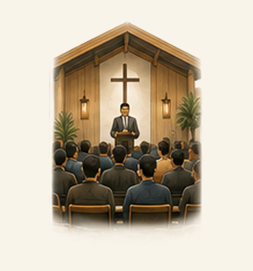 A man in a suit standing behind a pulpit in a church, delivering a speech to an audience, with a large cross on the wall behind him and potted plants on either side.