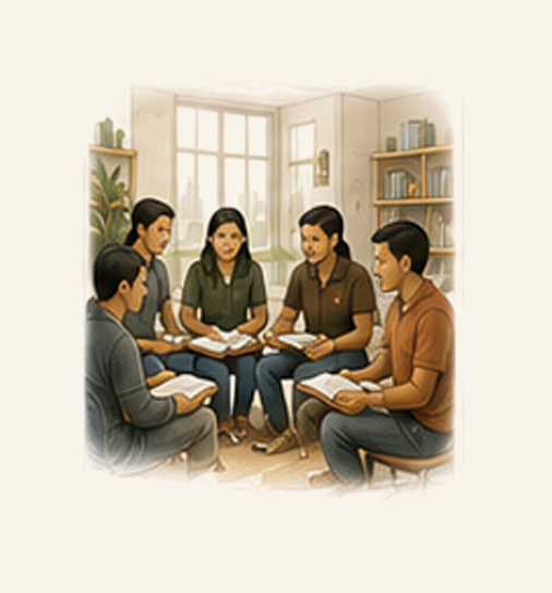 A group of six young adults sitting in a circle in a well-lit room, engaged in a discussion or study session, with books and notebooks in their hands.
