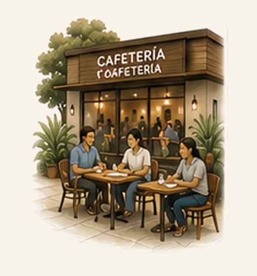 Three people sitting at outdoor tables of a cafeteria, with a glass wall showing more customers inside, and a sign that reads "CAFETERÍA CAFEFRERIA" above the entrance.
