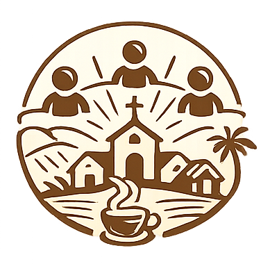 Illustration of a church with three people, a pot of coffee, and a palm tree, symbolizing a community or church gathering.