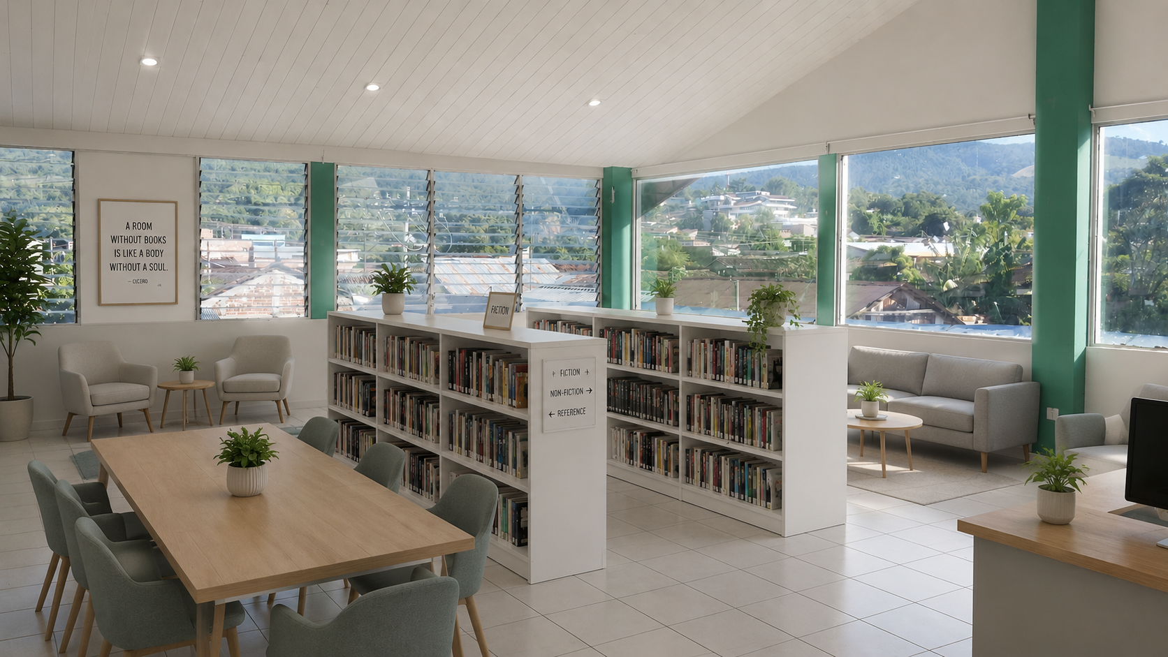 Bright and modern library reading room with large windows, bookshelves, and seating area, decorated with potted plants.