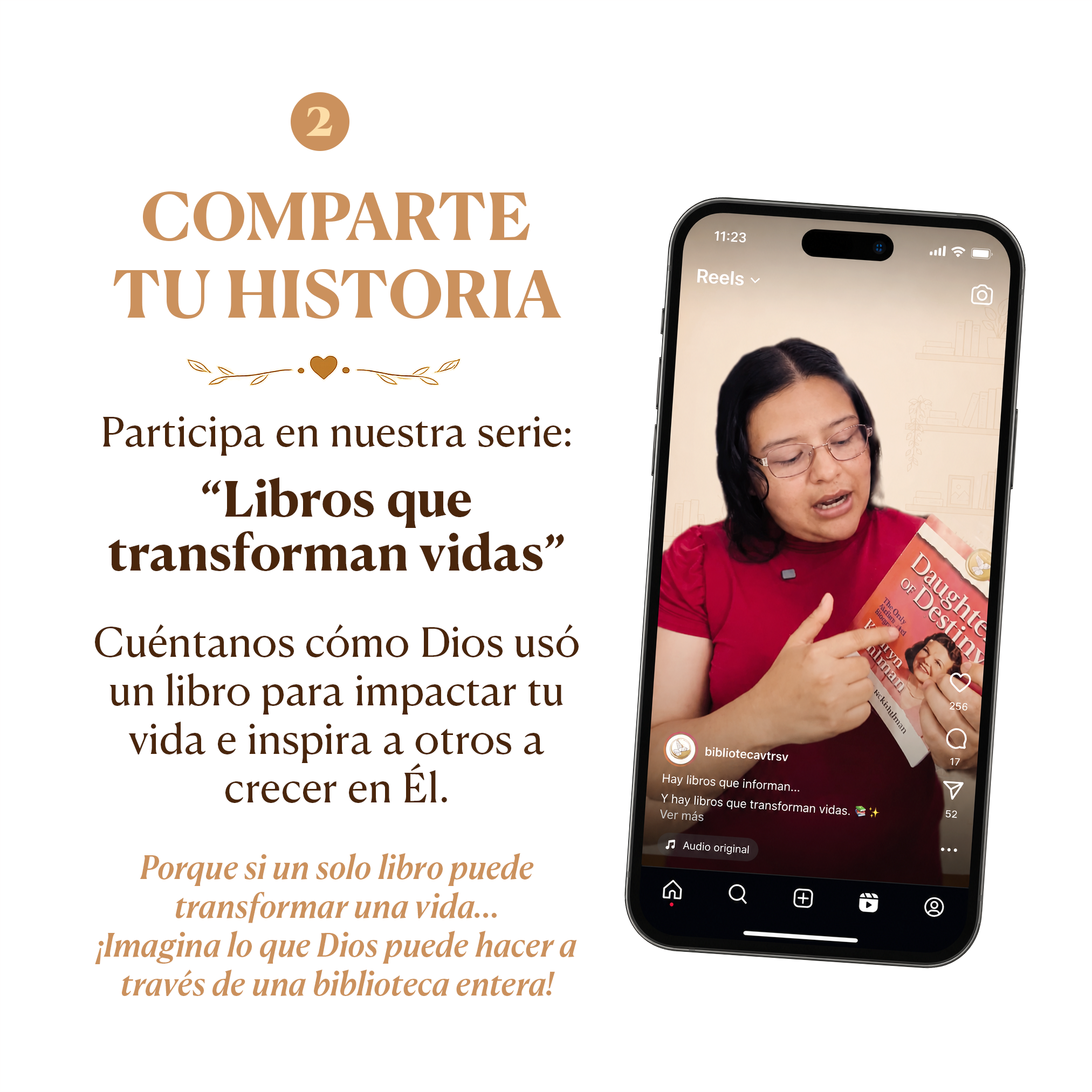A woman is holding a book and appears to be reading or explaining it on a video call on a smartphone screen. The background contains text in Spanish promoting a series about books that transform lives and how God can do miraculous things through a li