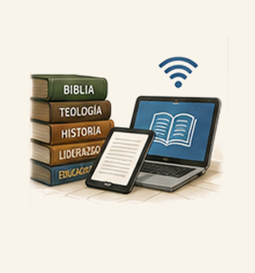 Stack of religious books next to a laptop and ebook reader with an open book icon on the screen, with Wi-Fi signal above the laptop.