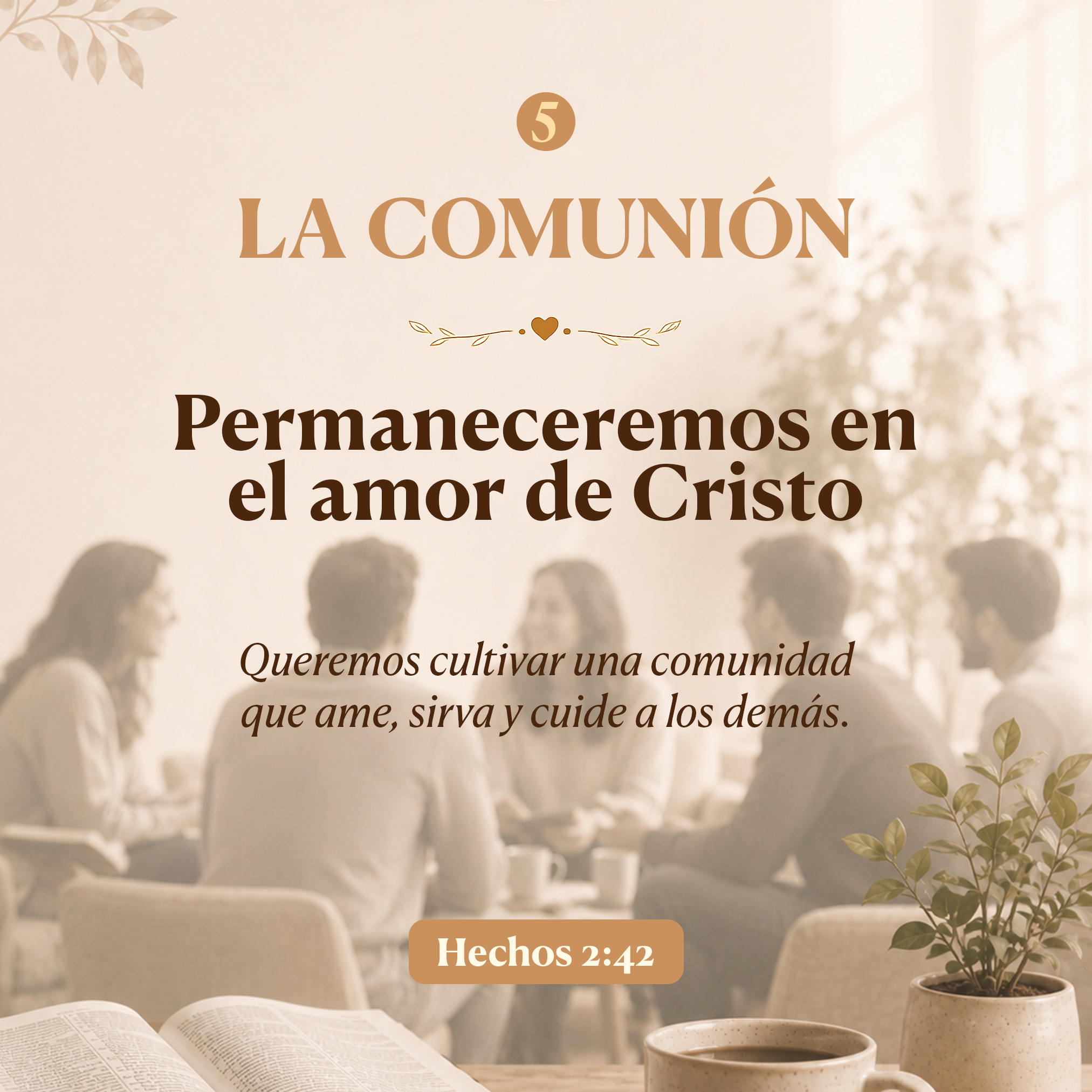 A Bible, cups of coffee, and potted plants on a table in a cozy, sunlit room with white chairs and a blurred background with light fabric curtains and foliage. The text on the image mentions the 5th of June and references Ephesians 2:42 about love an