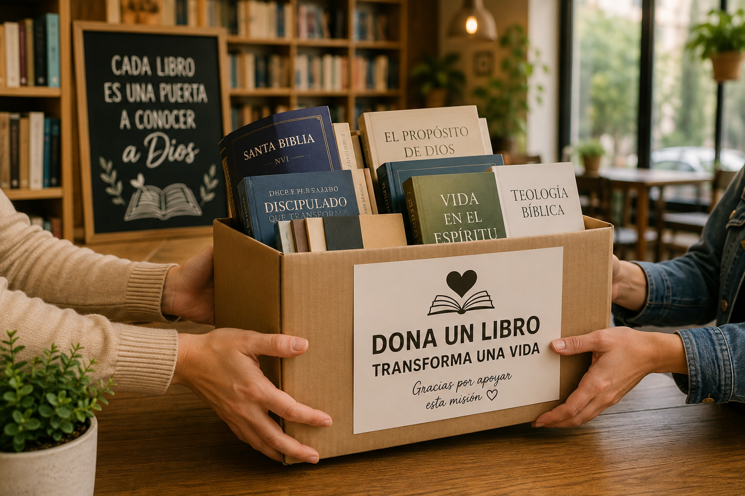 Two people exchanging a box of donated books at a library or community center. The box has a sign that says 'Donate a book, transform a life. Thank you for supporting this mission.' Inside the box are various books about religion and spirituality. In the background, there is a bookshelf, a blackboard with a message about books and God, and large windows letting in natural light.
