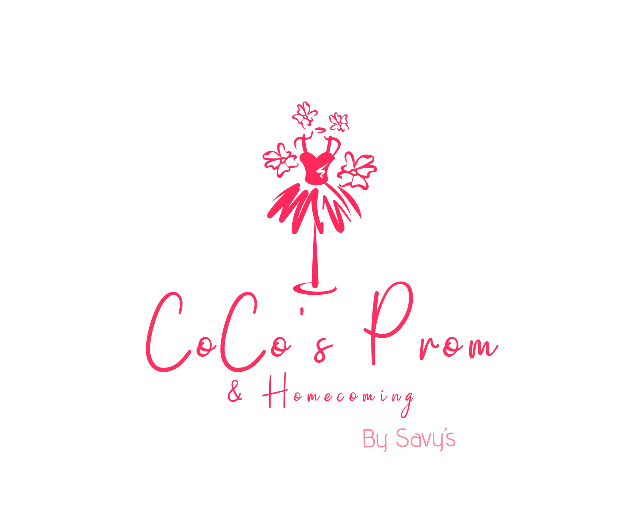 Logo for CoCo's Prom & Homecoming by Savu's featuring a pink ballerina dress with floral accents and pink script text.