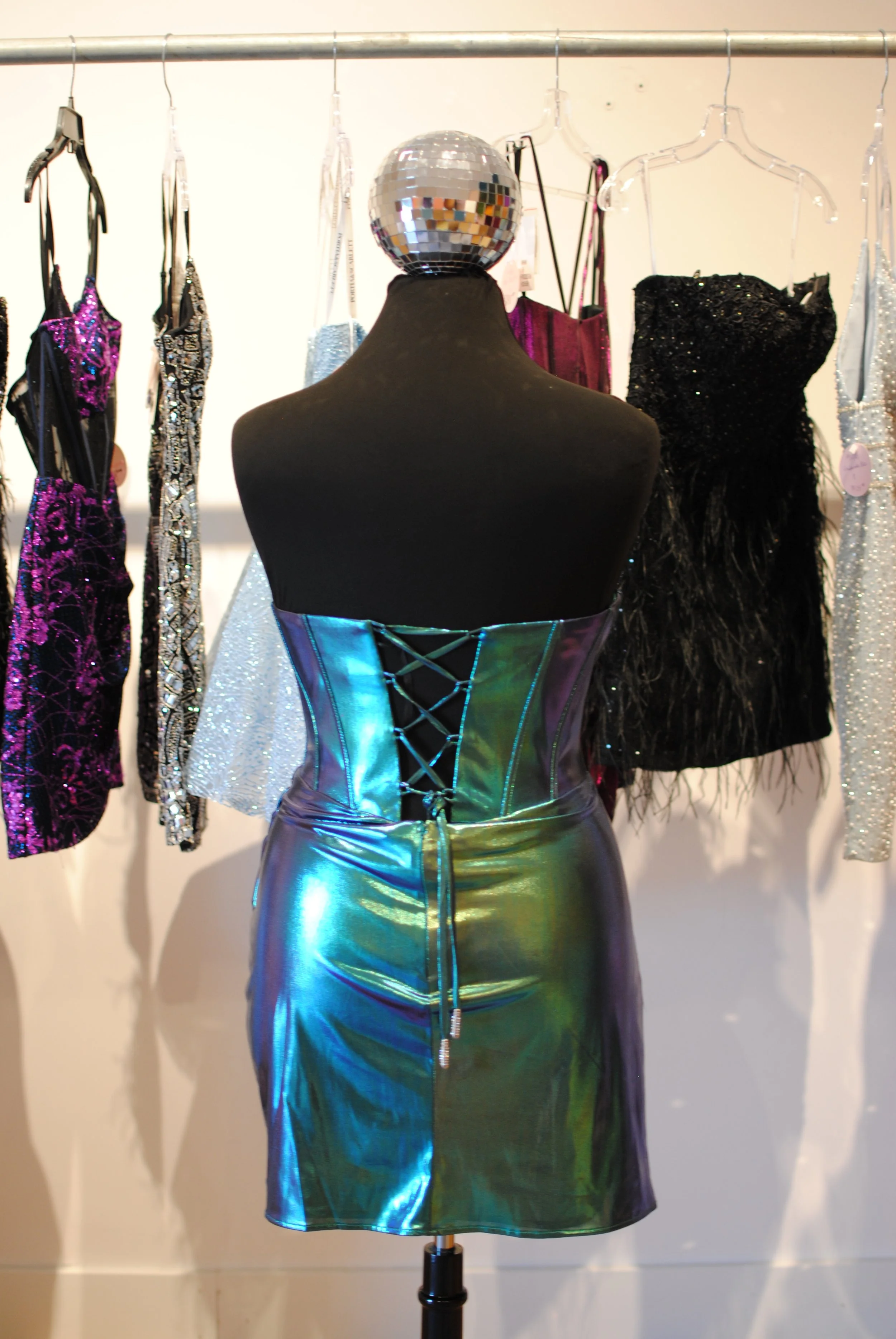 Metallic Teal Ruched Corset Homecoming Dress