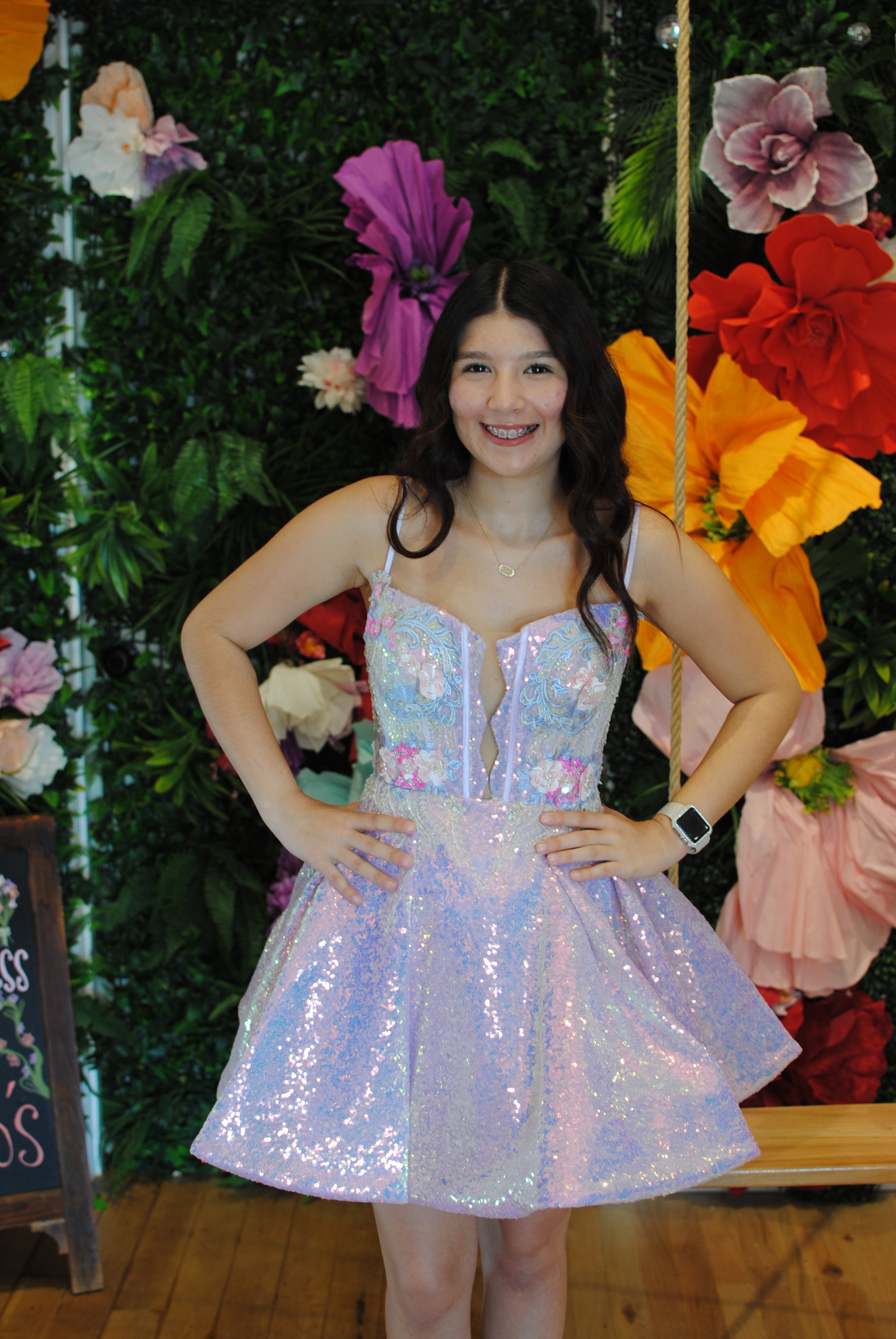 Light Blue Iridescent Floral Sequin Corset Dress