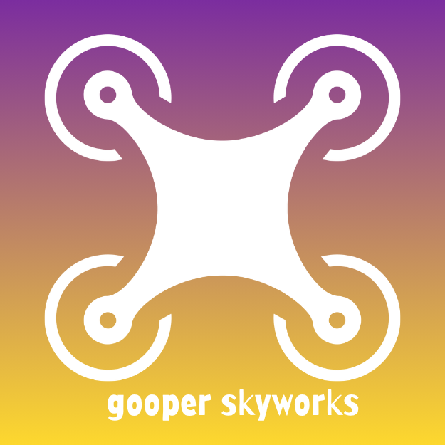 Logo of a drone company called 'gooper skyworks', featuring a stylized drone outline with four propellers on a gradient background from purple to yellow.