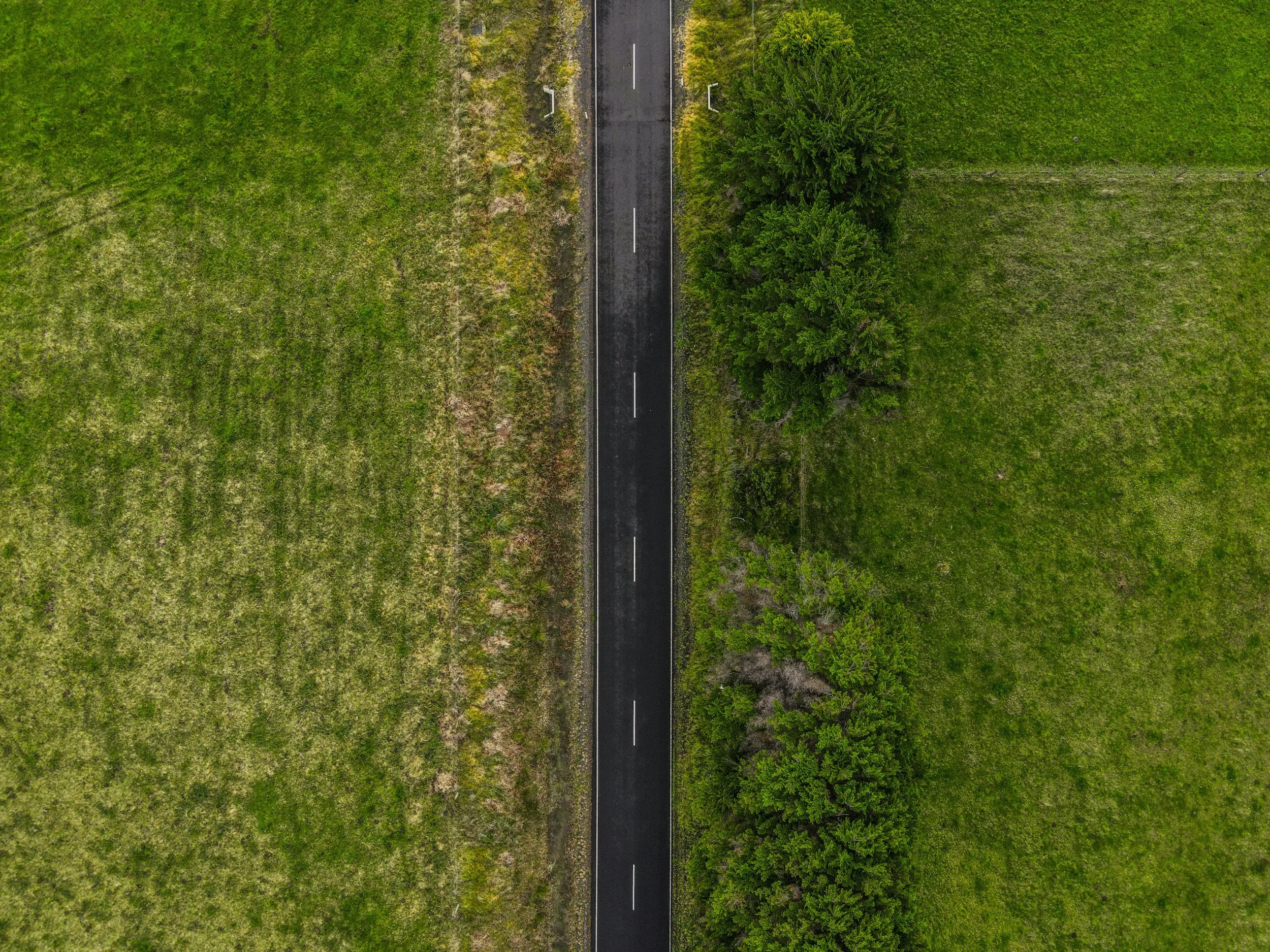 An aerial view of a narrow paved road running through green fields with trees on the sides.