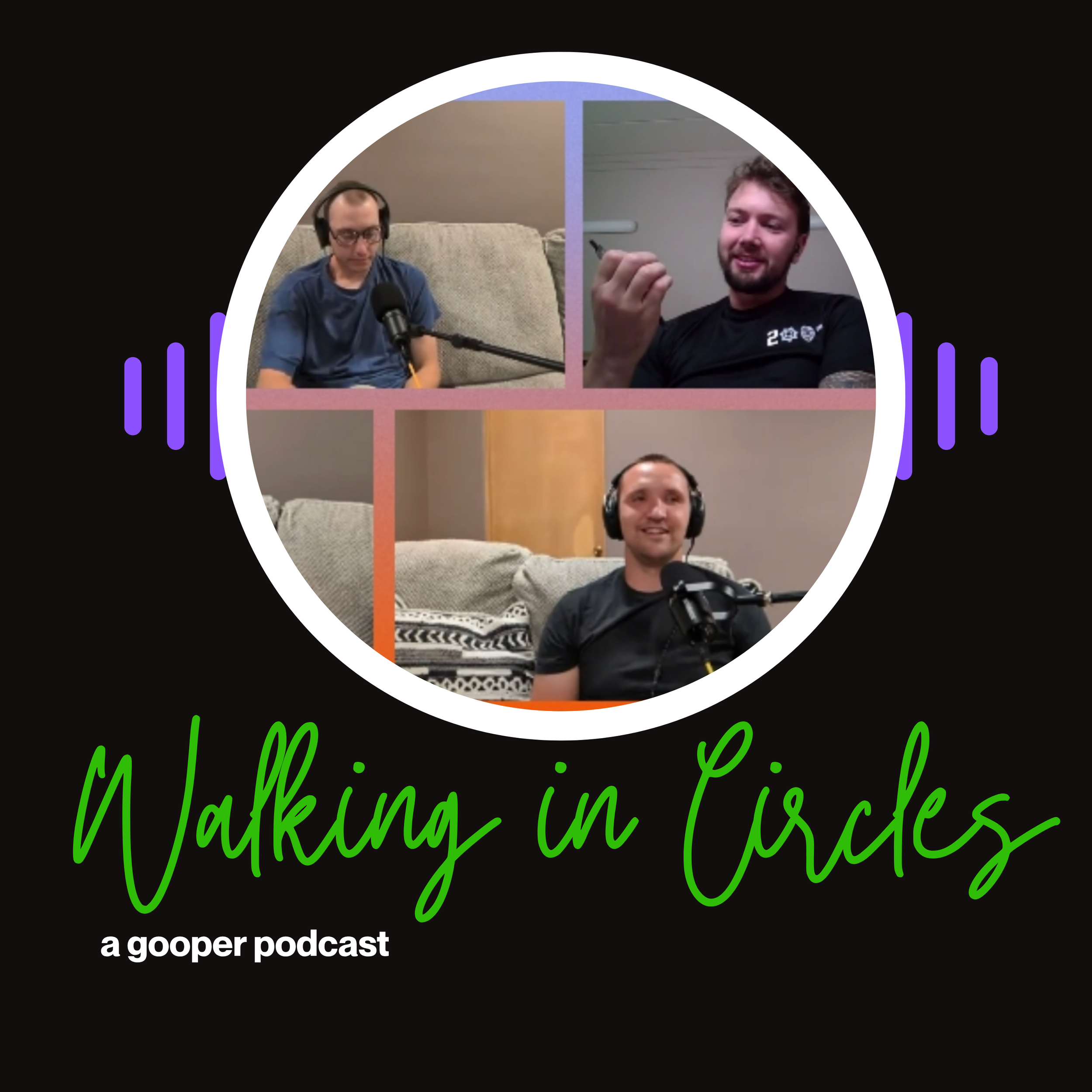 A promotional graphic for a podcast titled "Thanking in Space" with images of three men on a podcast call, with some colorful wave and bar graphics, and the text "a gooper podcast" at the bottom.