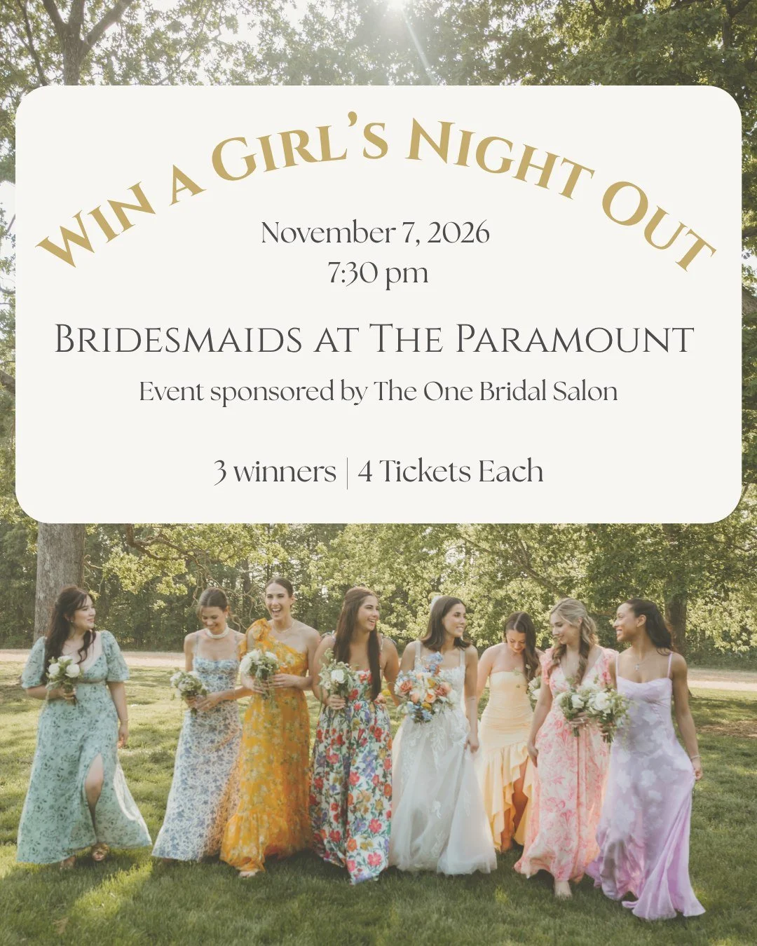 Could there be a more perfect movie for a bridal salon to sponsor?

The One Bridal Salon is so excited to be the Event Sponsor for Bridesmaids at @theparamounttheater  on Saturday, November 7, and we&rsquo;re giving THREE groups of friends the chance