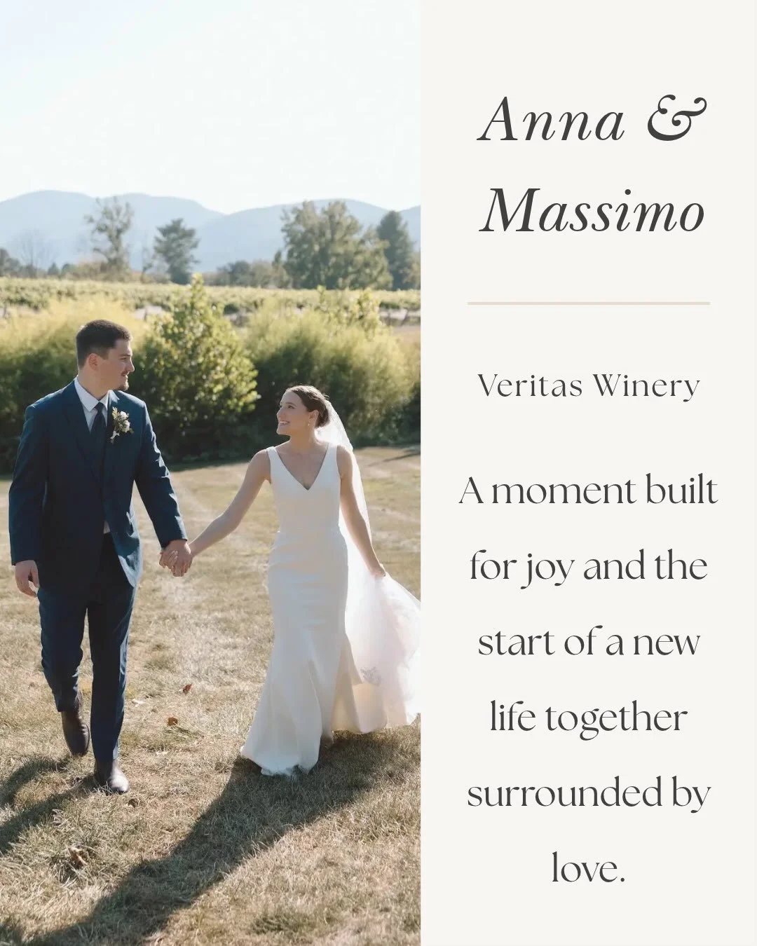 A beautiful fall day at Veritas, the Blue Ridge Mountains in the distance, and so much joy between these two.

Anna wore Indigo by Caroline Castigliano, a gown that felt completely at home in the effortless beauty of their day. From the quiet moments