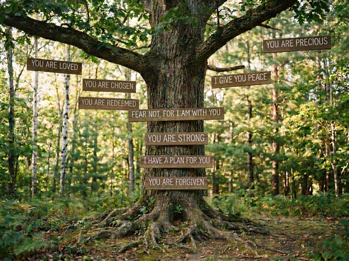 A large tree in a forest with wooden signs hanging from its branches. The signs display inspirational messages such as "You are loved," "You are chosen," "You are redeemed," "Fear not, for I am with you," "You are strong," "I have a plan for you," "You are forgiven," "You are precious," and "I give you peace." The forest has green foliage, and sunlight filters through the trees.