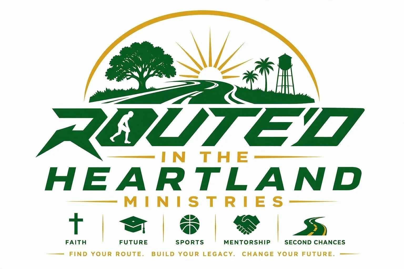 Logo for 'Rooted in the Heartland Ministries' featuring a landscape with a large tree, a winding road, a water tower, and a sunrise. Text includes 'Rooted in the Heartland Ministries' with icons and words: Faith, Future, Sports, Mentorship, Second Chances. Tagline: 'Find your route. Build your legacy. Change your future.'