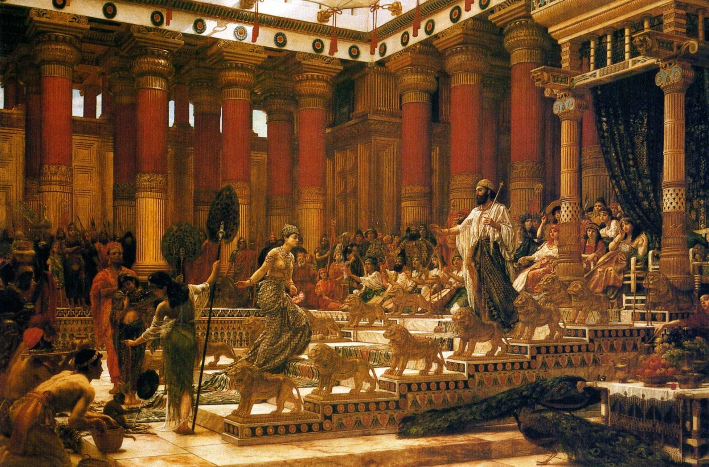 A richly decorated stage with tall ornate columns and intricate wooden carvings, where a theatrical performance depicting a historical or mythological scene is taking place, with actors and performers dressed in traditional costumes.