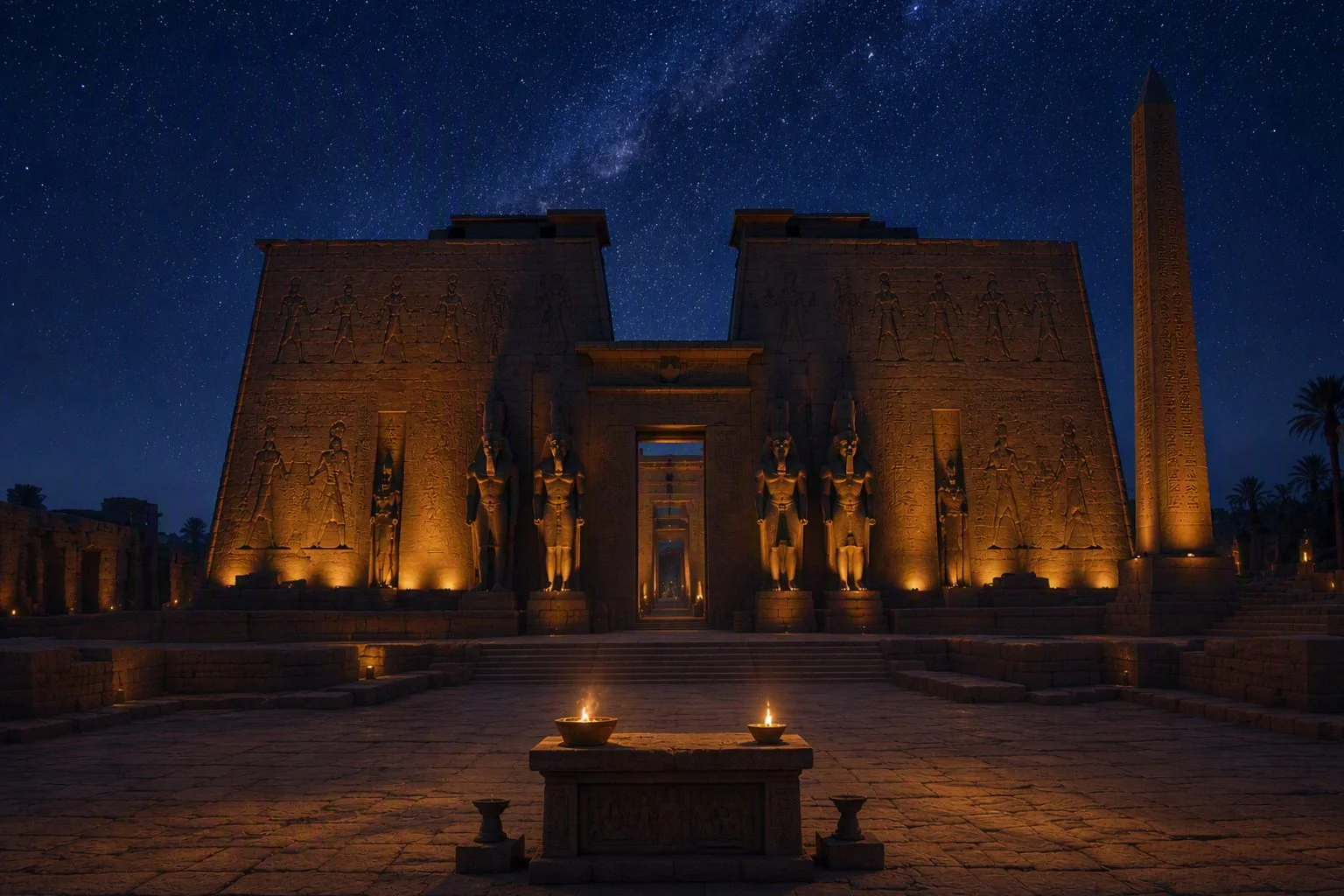 Night view of an ancient Egyptian temple illuminated by warm lights, with tall statues and hieroglyphs carved into the stone walls, set against a starry sky and the Milky Way.