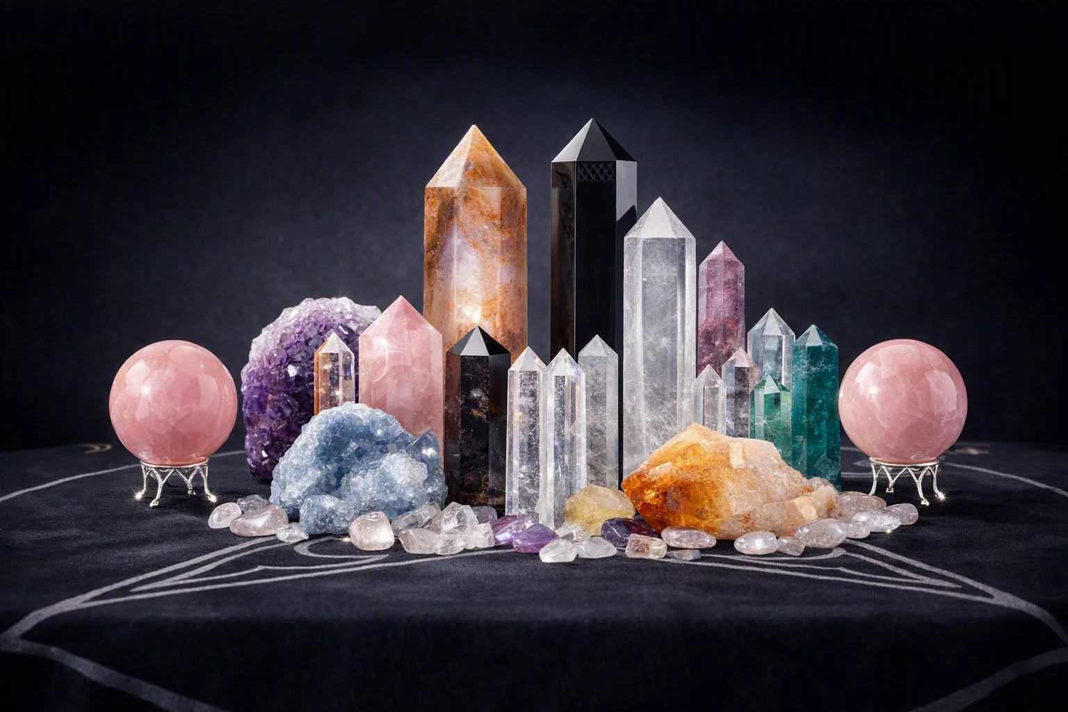 An arrangement of various colorful crystals and gemstones, including rose quartz, amethyst, citrine, and others, displayed on a black cloth with white line patterns, against a dark background.