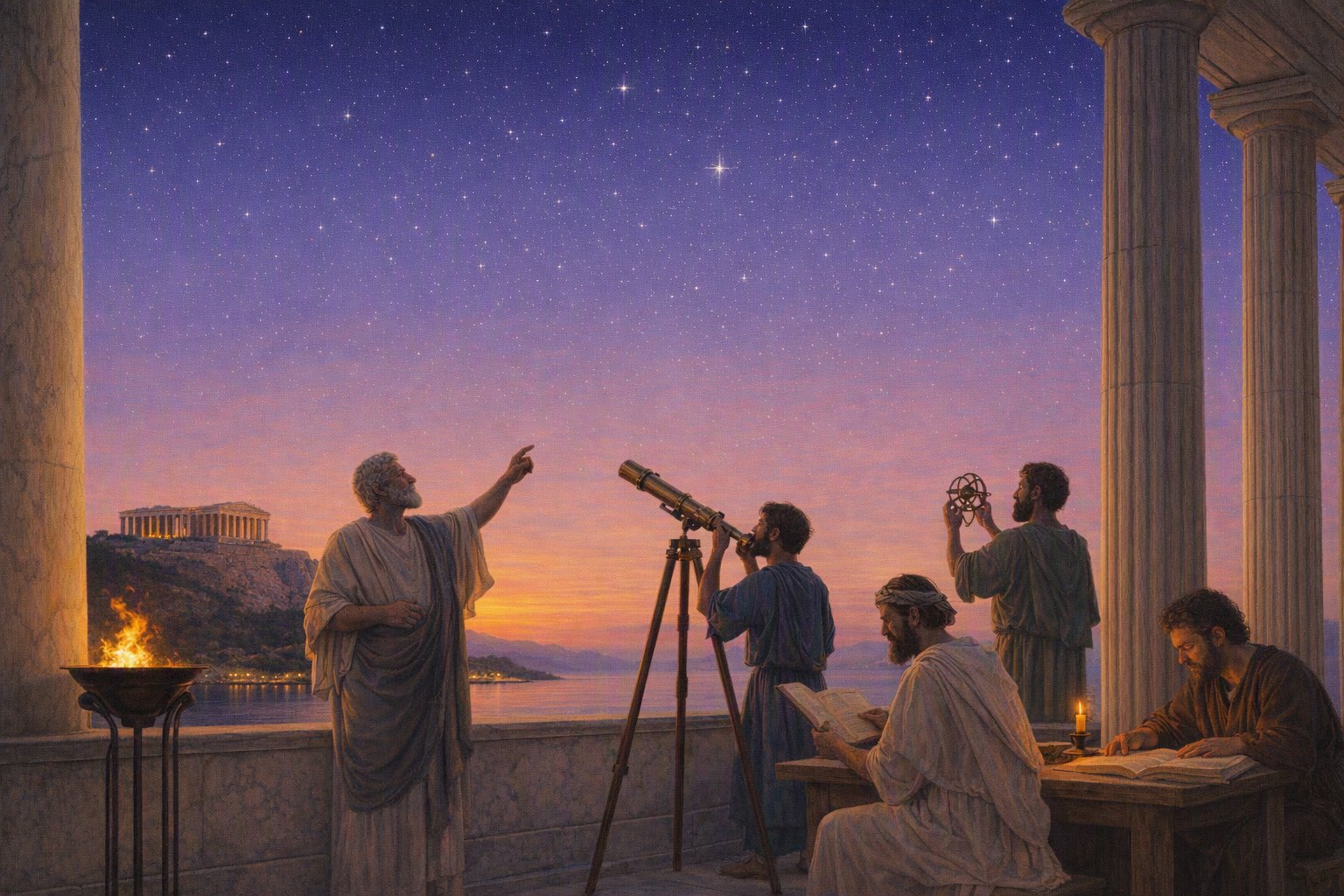 Ancient Greek scholars observing a starry sky from a temple balcony with columns, including a portrait similar to Plato and Aristotle, using telescopes and astronomical instruments at sunset.