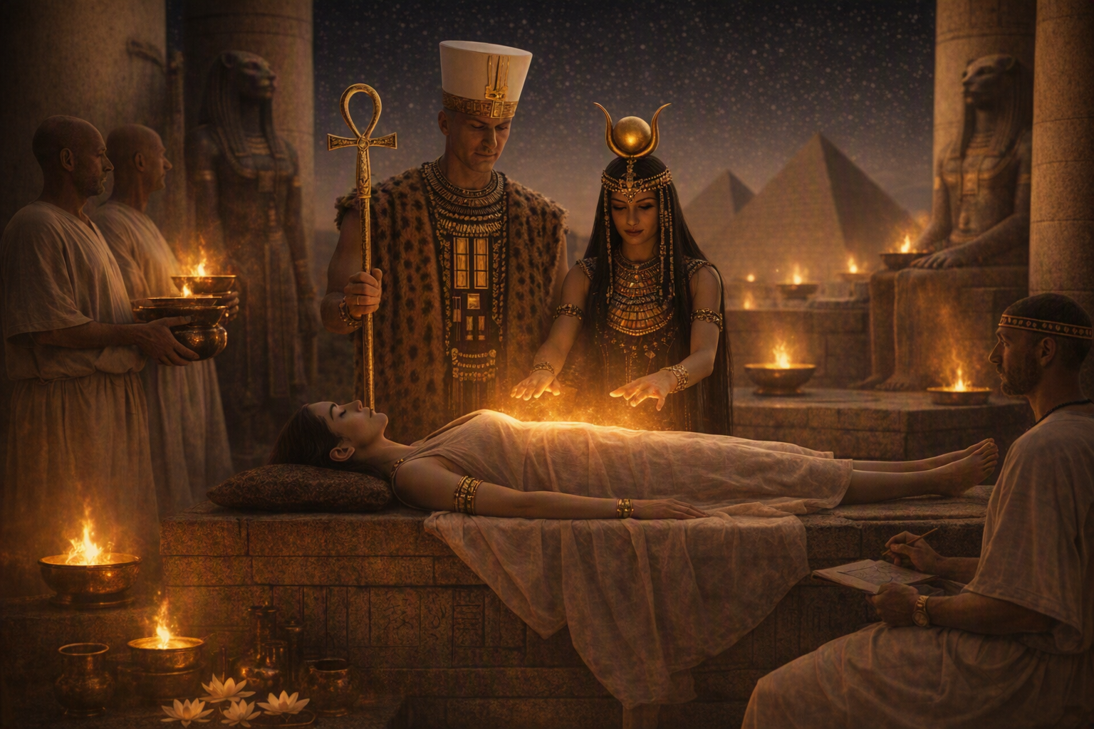 Ancient Egyptian scene depicting a woman lying on a stone bier, with a man and woman in traditional Egyptian attire performing a ritual. Others in white robes stand in the background. The setting includes pyramids and statues of Sphinxes, with candle