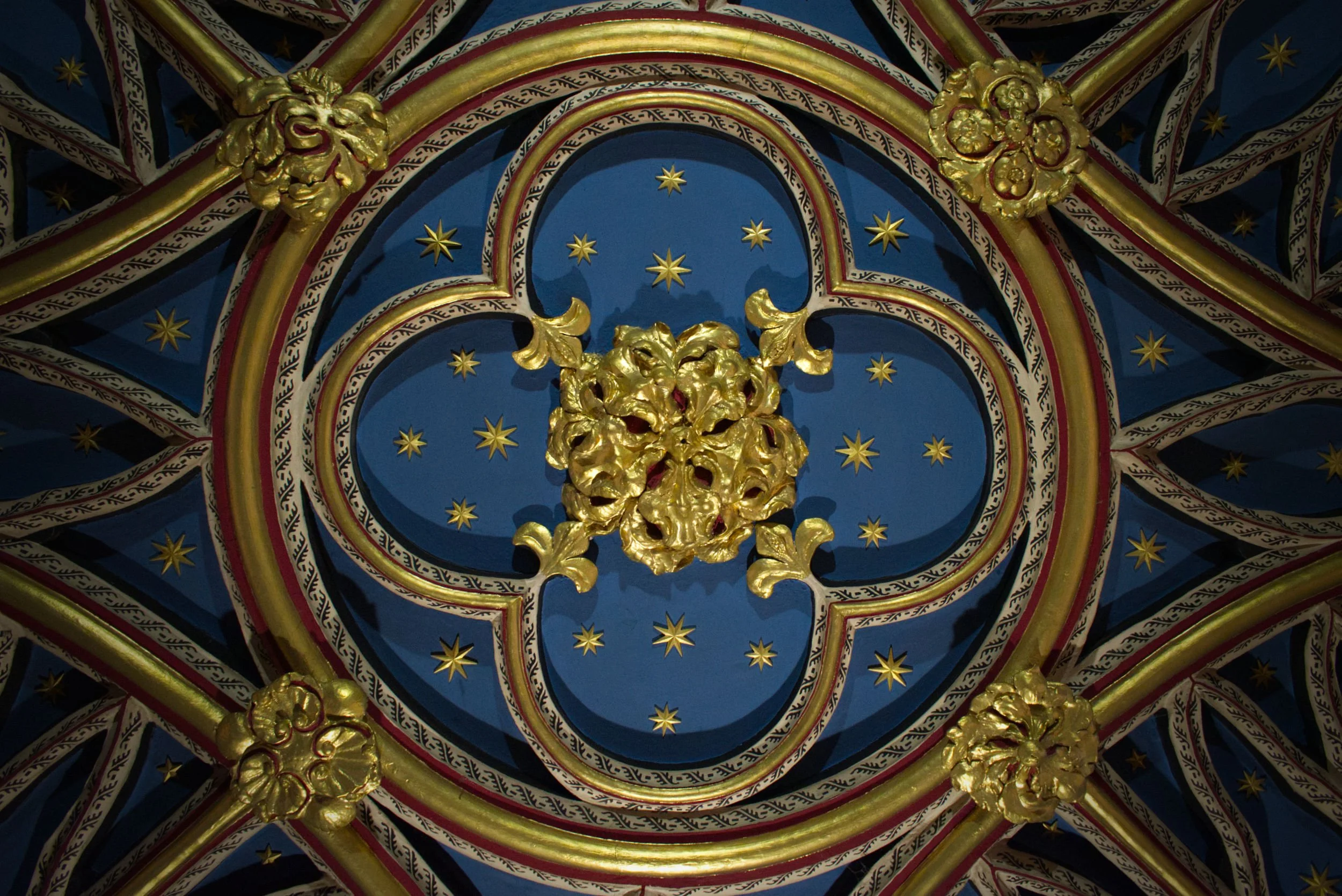 Ornate ceiling with gold decorative elements, painted blue background, and numerous small gold stars.