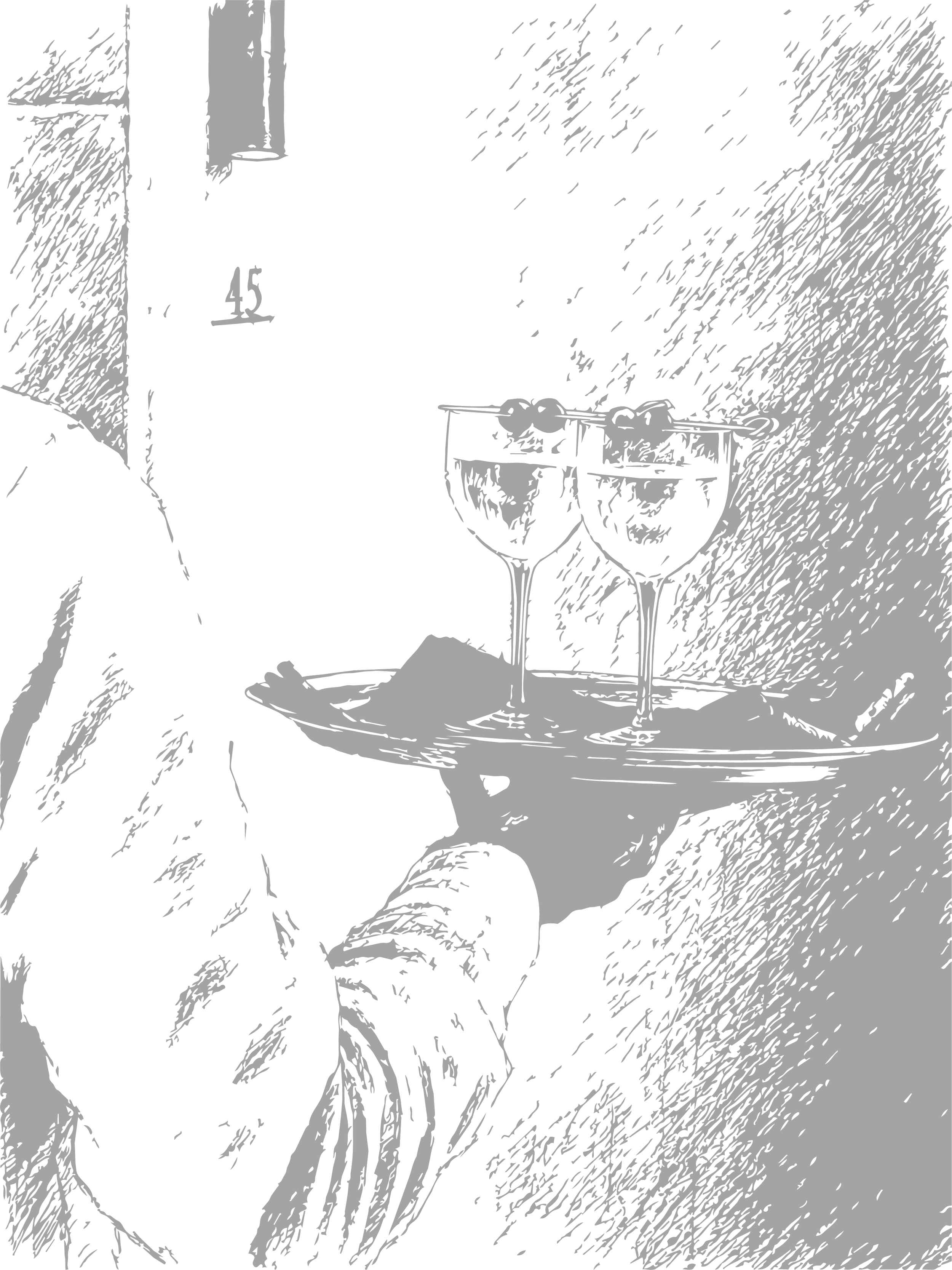 Person holding a tray with two glasses of wine or champagne, seated at a table with a plate, in a restaurant or cafe setting.