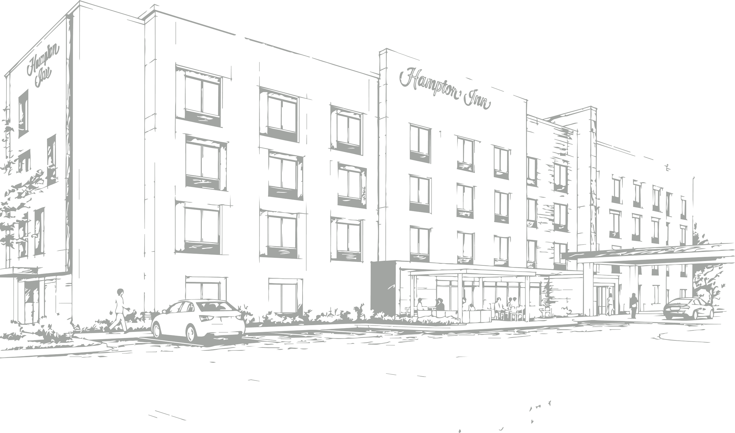 Drawing of a modern hotel building with multiple floors and large windows, labeled Hampton Inn, with parking in front, some cars, pedestrians, and outdoor seating area.