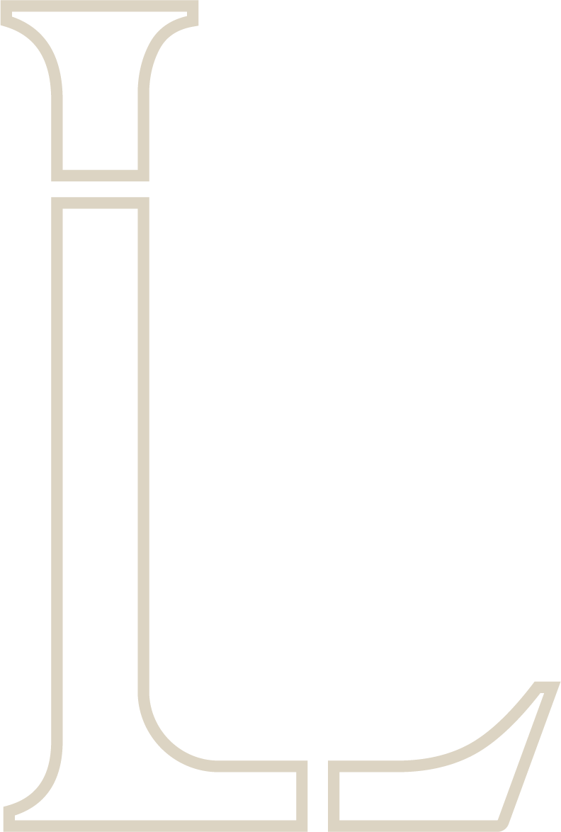 Large black letter 'L' with beige outline on a black background.
