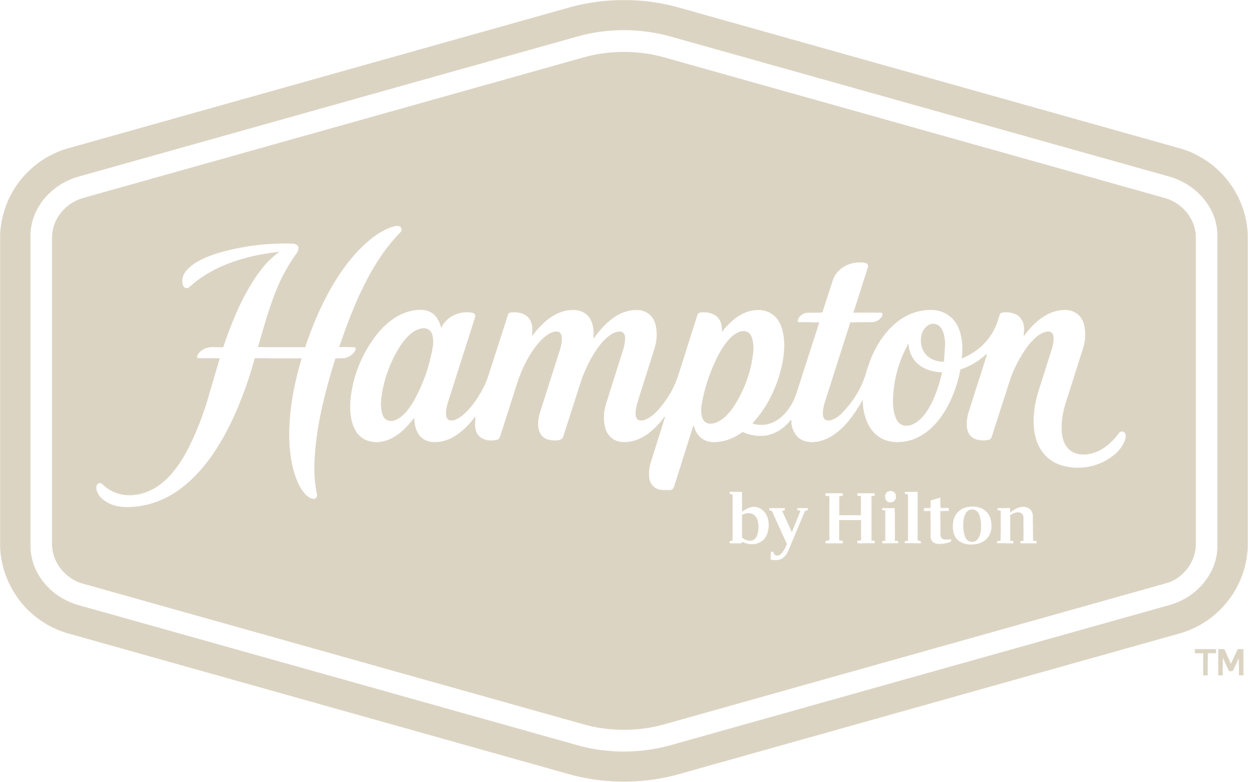 Hampton by Hilton hotel logo with black text on a beige background.